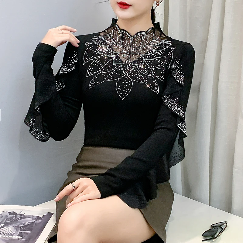 

European Station Autumn Winter New High Collar Women T Shirt Lace Hollow out Diamond Shirt Fashion Long Sleeve Ruffles Tops