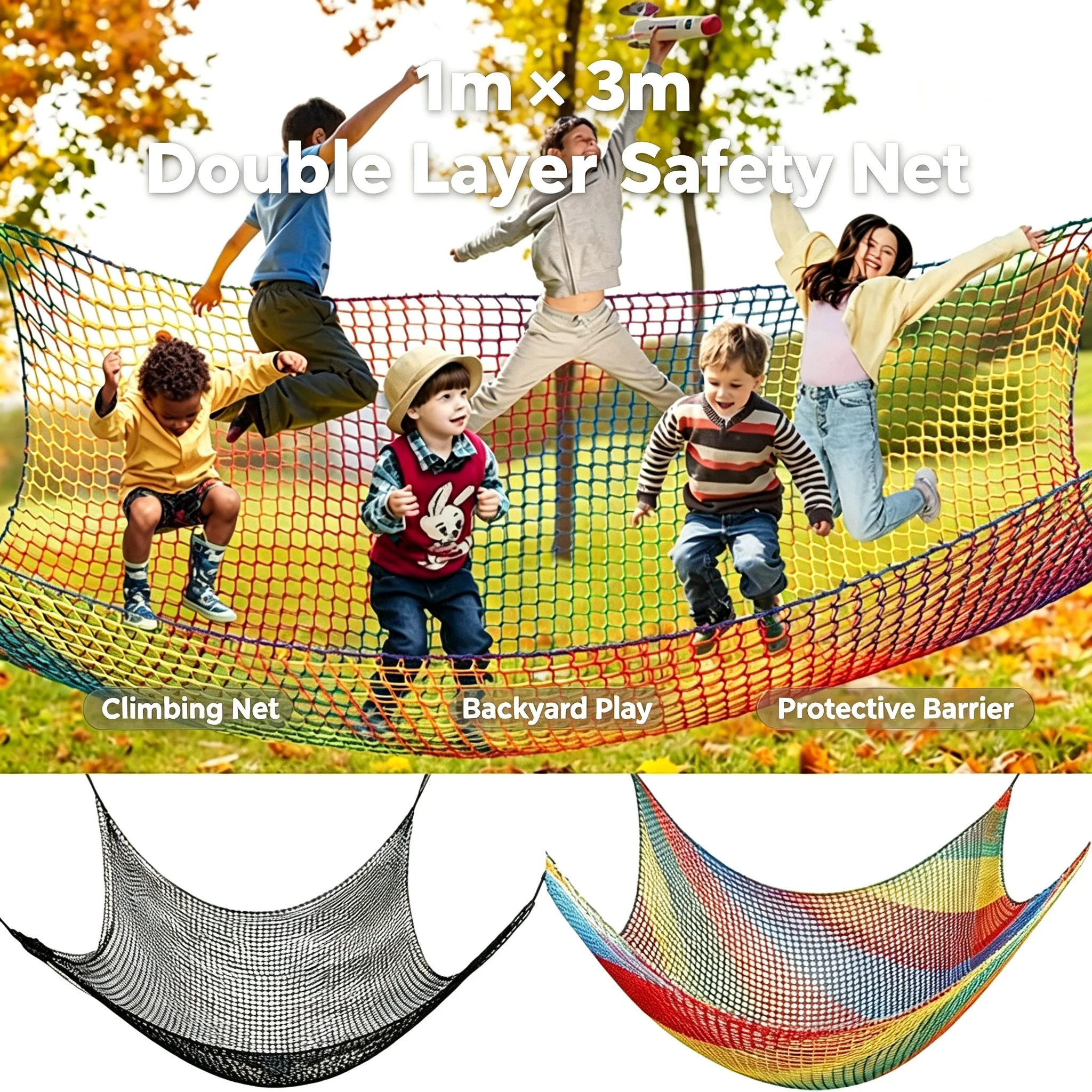 1m×3m Double Layer Kids Safety Cargo Net Outdoor Climbing Net Backyard Playground Obstacle Course Swing Protective Barrier Net