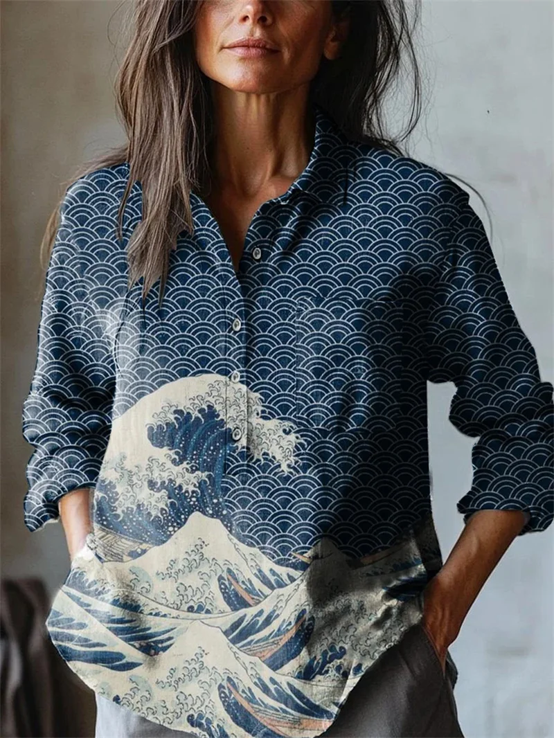 New Spring Summer Women's Long Sleeve Shirt Standalone Fish Pattern Casual Hawaiian Style Shirt Top Linen Clothing