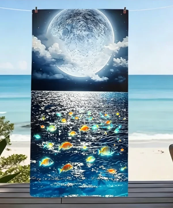 Moonlight Jellyfish Beach Towel, Microfiber Large Sand Free Quick Dry, Glowing Ocean Night Sky Design, Soft Absorbent