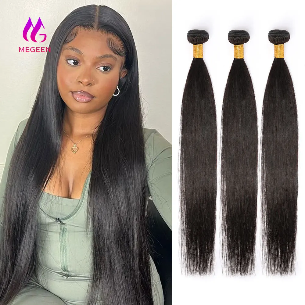 Megeen 32-дюймовые прямые искусственные человеческие волосы 12-32 дюйма бразильские волосы для наращивания без повреждений 100% Необработанные двойные Уточки реальная длина