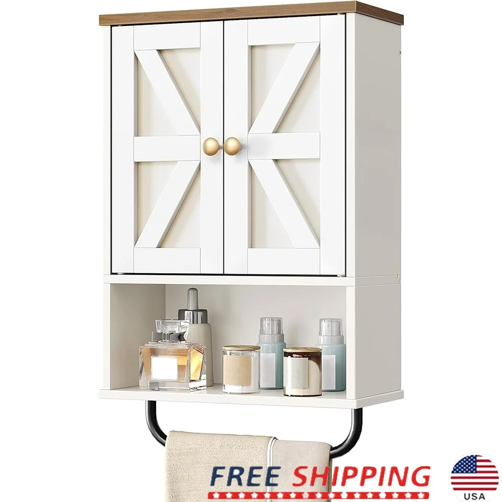 

Bathroom Wall Cabinet with Adjustable Shelf Dual-Door Design Towel Bar Rustic Storage Solution Toiletries and Towels