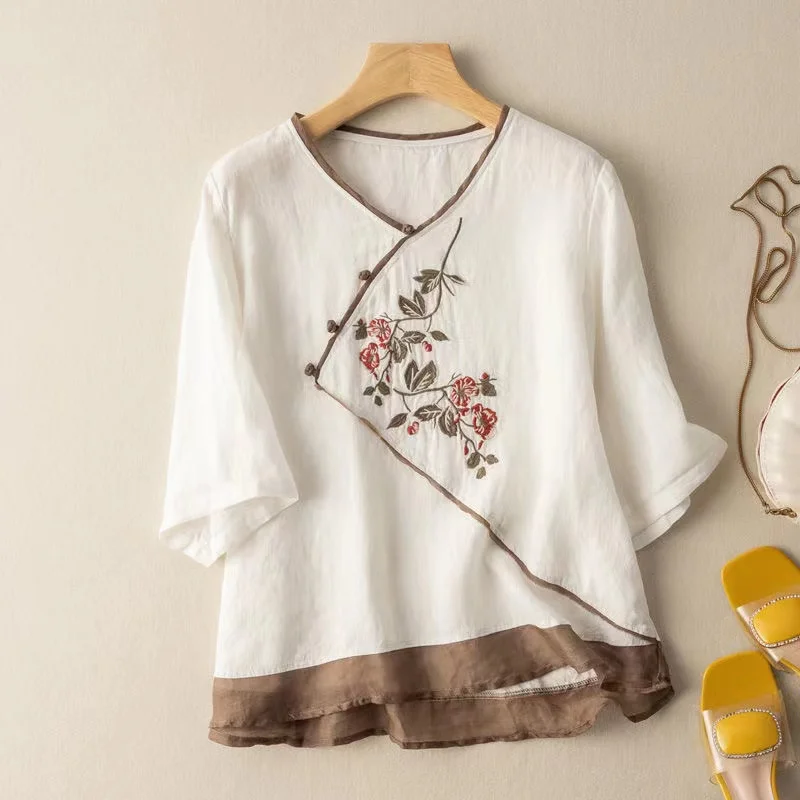 

Chinese Blouses for Women V-neck Tea Service Shirt Comfortable Cotton Linen China Style Retro Button Spring Summer Ladies Top