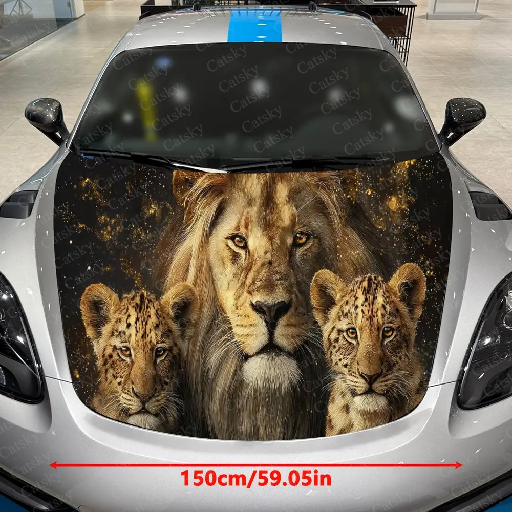 Gilded Light Lion Group Car Vinyl Wrap,PVC Waterproof Car Hood Sticker, Self-Adhesive Scratch-Resistant Sticker for Engine Cover