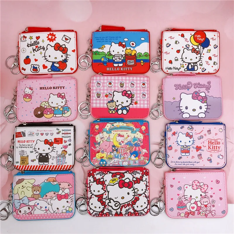 2pcs Cartoon Kitty Cat Worker card set work card sanrio name tag with key ring change card bag wallet card set coin wallet