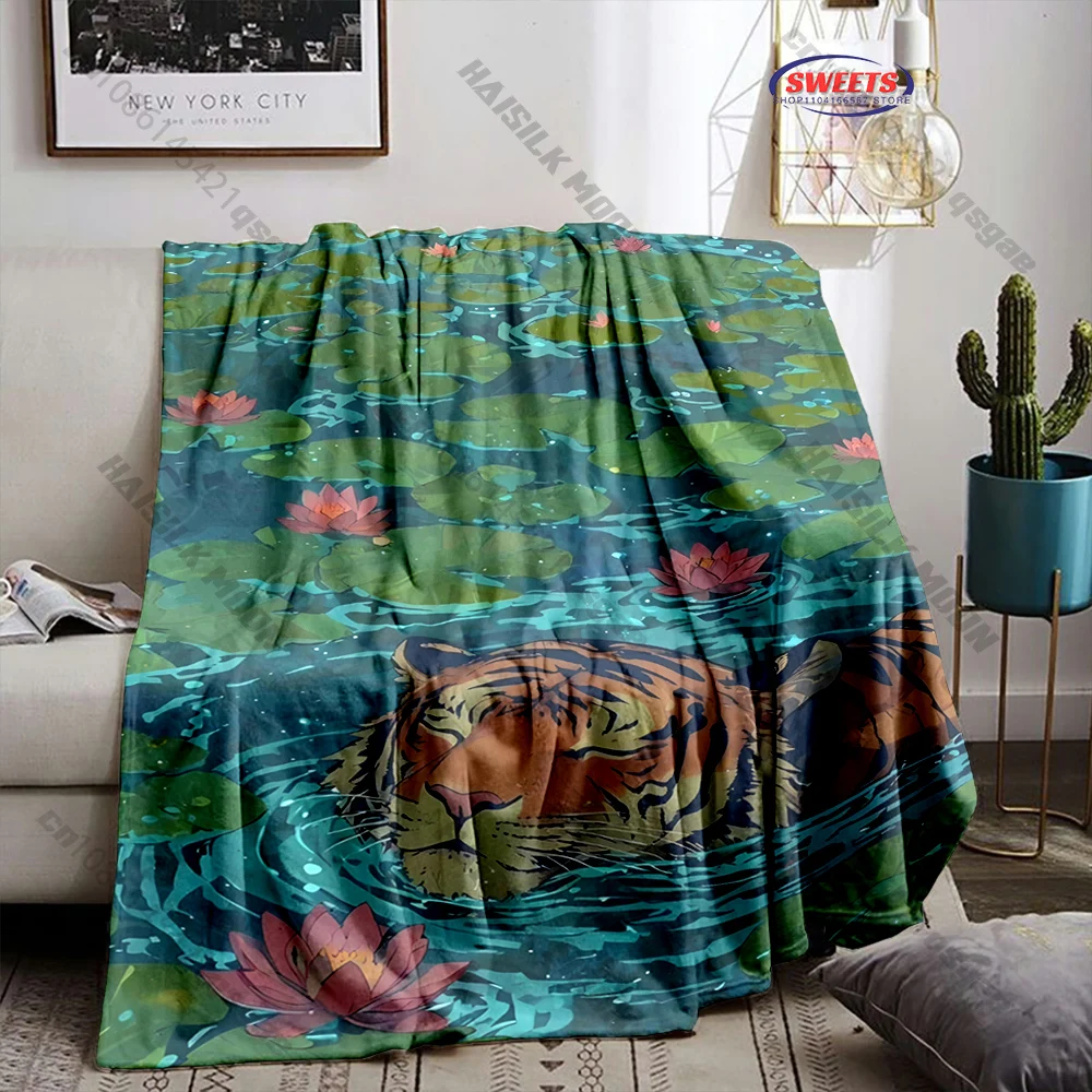 Lotus Leaf Pattern Printed Soft Blanket, Cozy and Warm Throw Blanket for Sofa, Bed, Camping, Holiday Gift for Family and Friends