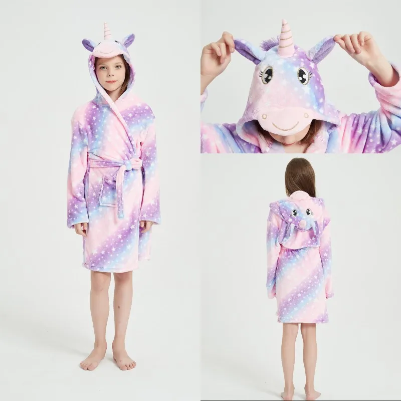 Children Bathrobe For Girls Kigurum Unicorn Pyjamas Kids Colar Fleece Boys Bathrobes Nightgown Baby Sleepwear Hooded Bath Robe
