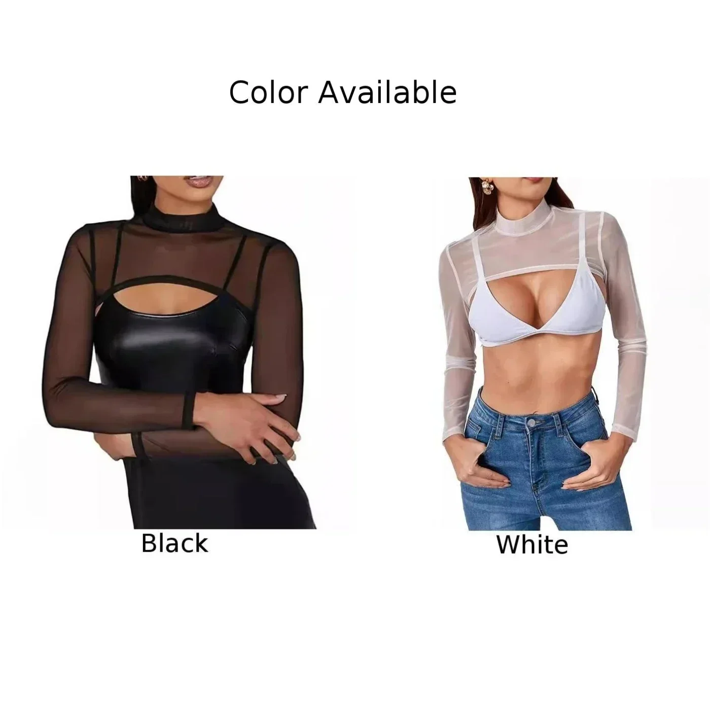 Ultra-thin Long Sleeves Women Mesh Transparent Elastic Crop Tops Blouse T-shirt