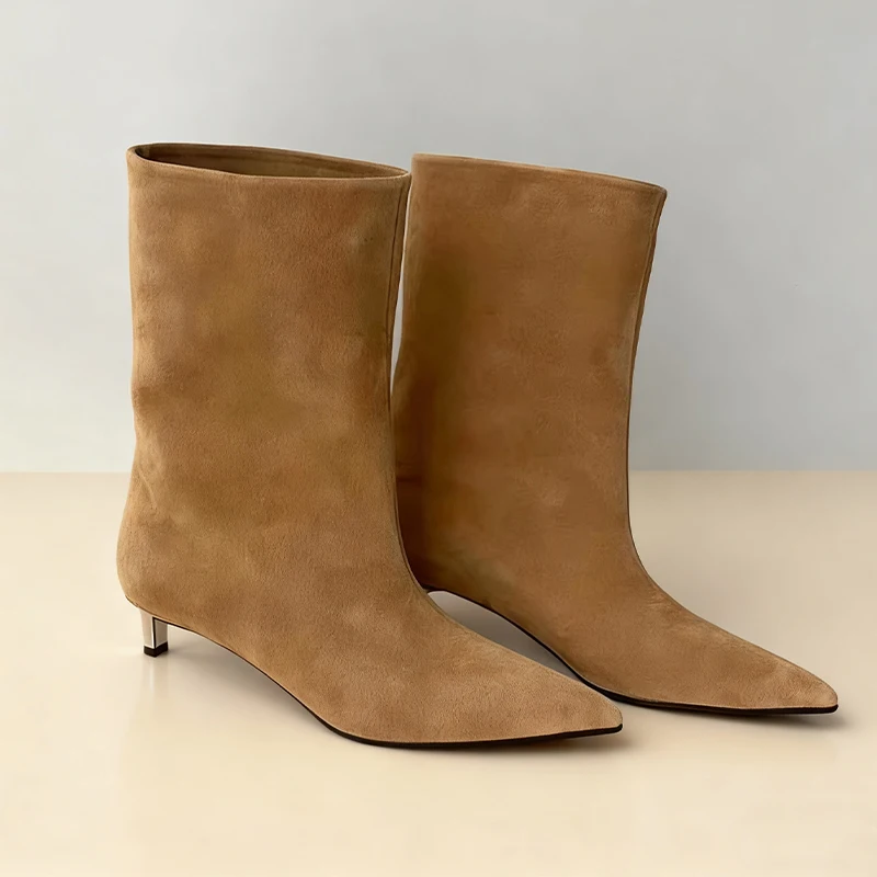 

2026 New Pointed Toe Women's Ankle Boots Suede Fashion Heeled Shoes Designer Luxury Winter Boots Dress Sexy Femme Chelsea Botas