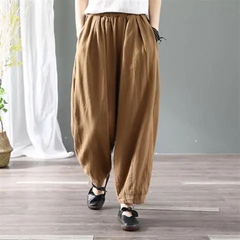 夏無地ランタンパンツ女性ルーズカジュアル大きいサイズお父さんワイドレッグキャロットヴィンテージハーランコットンリネンパンツ