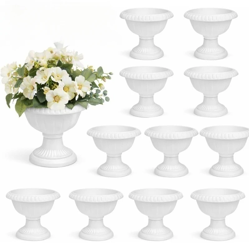1/6Pcs White Roman Pedestal Planter Urn Embossed Goblet Flower Pot Vintage Raised Base Indoor Outdoor Garden Home Wedding Decor
