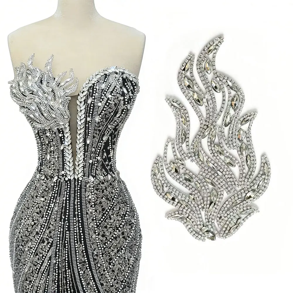

Luxury Rhinestone Flame Applique Silver Sequin Iron-on Patch for Wedding Dress Stage Costume DIY Garment Decoration