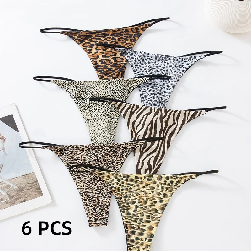 Leopard Print Women's Seductive Pure Waist underwear V Belt mid-Low 6 PCS Lust Thong Side T-pants Sexy