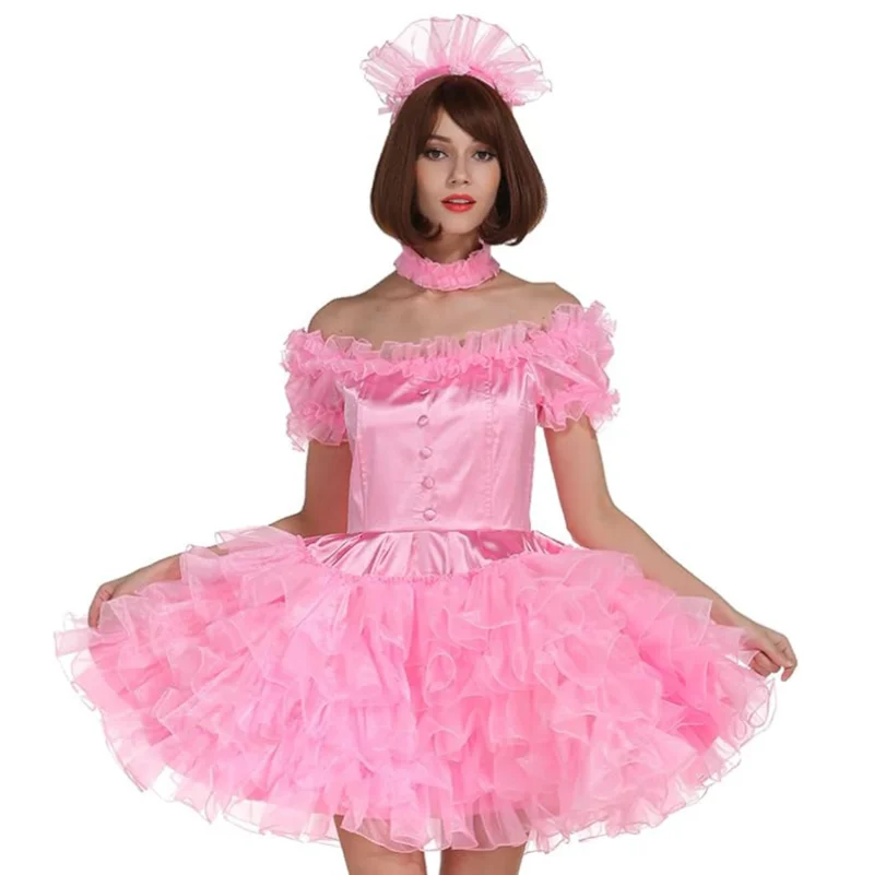 

French Sexy Adult Custom Fetishist Cross Dressing Sissy Low Necked Off Shoulder Short Sleeved Dress Fluffy Organza Skirt Hem