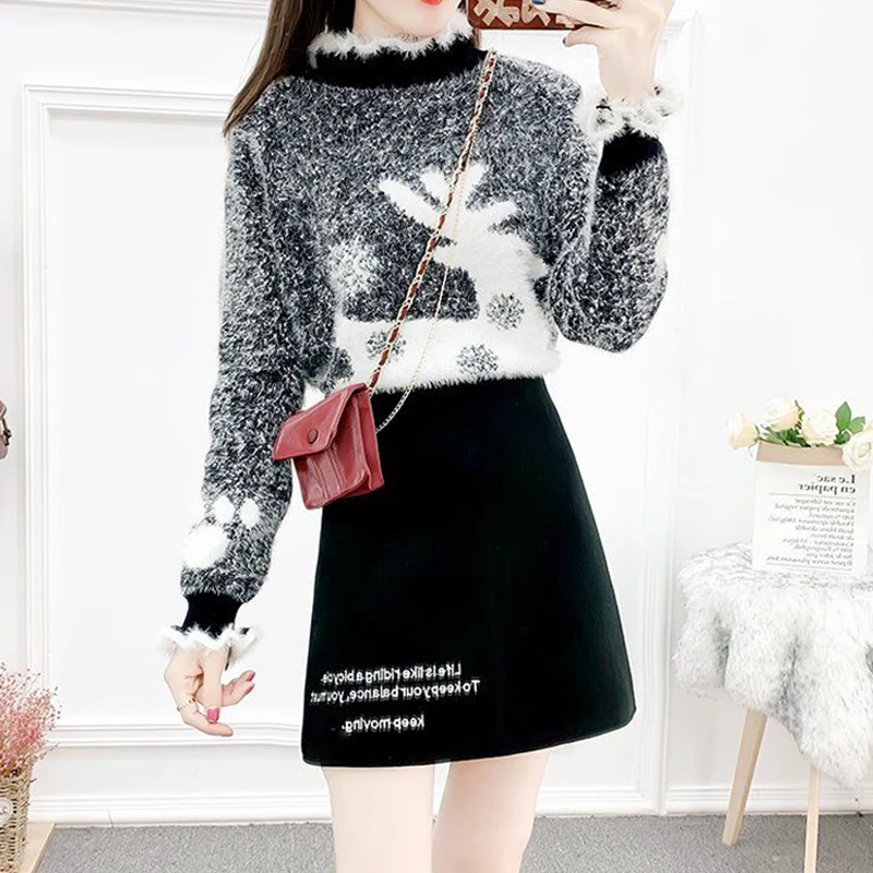 Outono feminino casual conjunto de duas peças elegante e versátil design sentido pulôver camisola cor sólida meio corpo saia conjunto