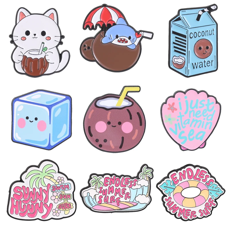 Cartoon Summer Coconut Drink Enamel Pin Cute White Cat Shark Beach Ice Cube Shell Vacation Vibes Brooch Lapel Badge Jewelry Gift