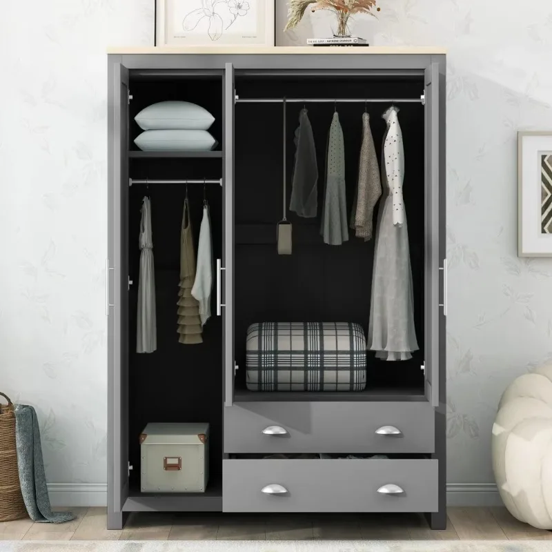 Modern Minimalist Durable Home Bedroom Furniture MDF Wooden Storage Wardrobe with Cabinets Slab Doors Metal Handles 2 Drawers