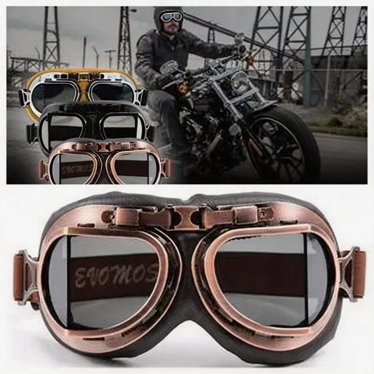 Motorcycle Goggles Aviator Goggles Retro Steampunk ATV Adjustable Strap Bicycle Helmet Glasses Outdoor Sports Angled Goggles