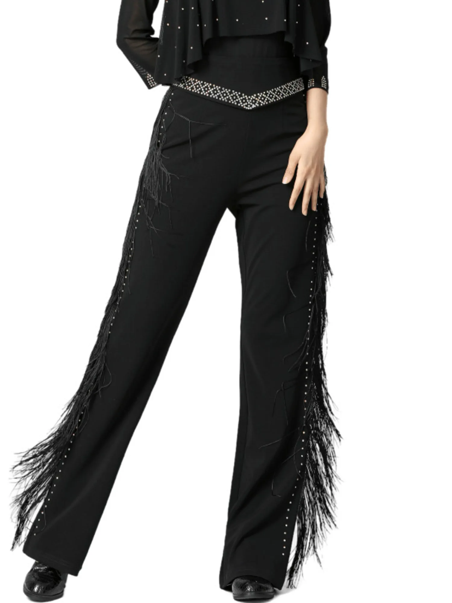 Pantalon de danse à franges en strass taille haute – Pantalon de performance latine scintillant pour spectacles sur scène et de salle de bal