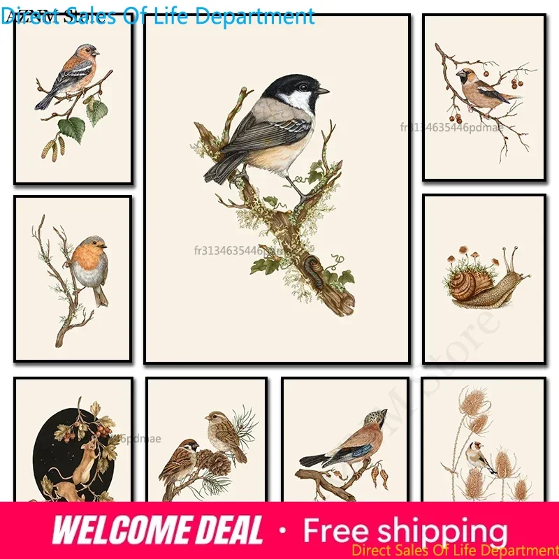 Retro Animal Garden Snail Goldfinch Mouse on Hawthorn Birds Branches Art Poster Canvas Painting And Prints HD Picture Home De