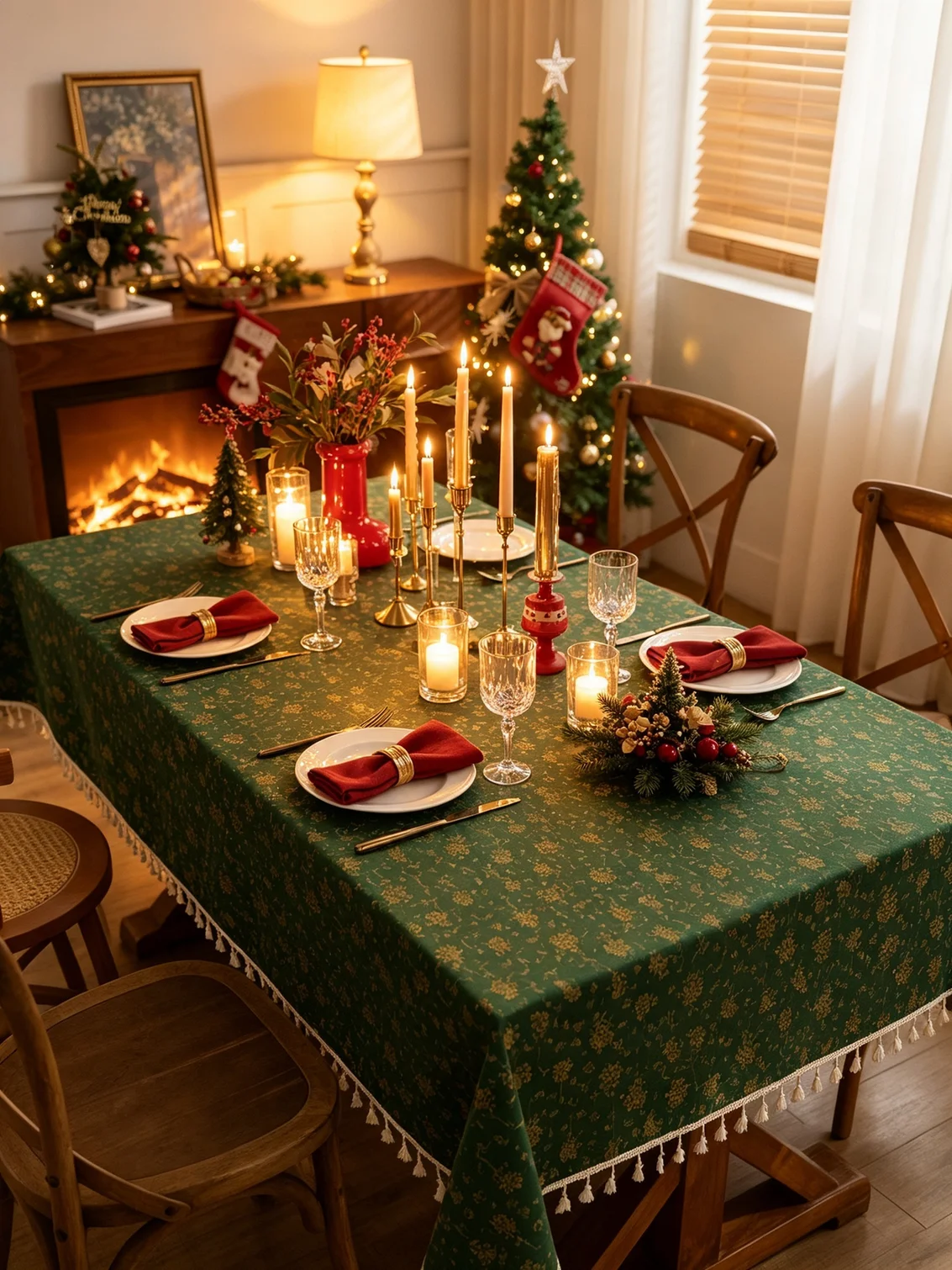 1Pcs Tablecloth | Green Gold Print, Tassel Edge, Multi Sizes | Dustproof | Christmas Dinner Party | Rectangular Dining Table