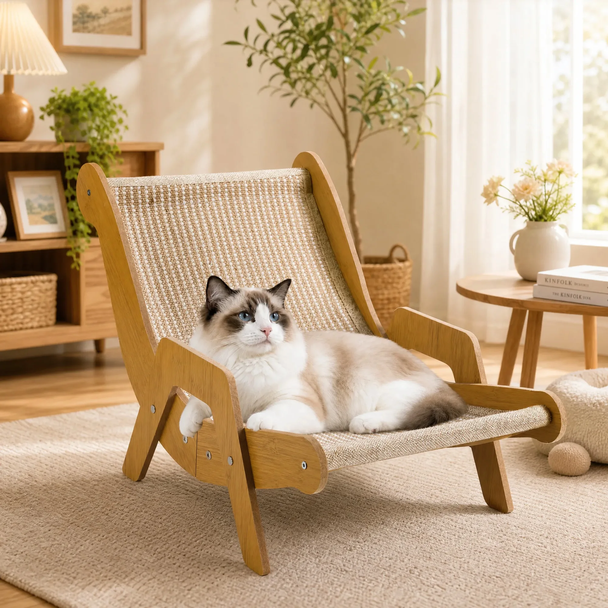 Wooden Sisal Cat Scratcher Lounger, 20.3x17.5 Inch Split-Joint Natural Jute Cat Lounge Chair, Durable Scratch Resistant Cat Bed, 2 in 1 Cat Scratching Pad & Rest Bed for Kittens, Indoor Adult Cats, Home Decor Pet Furniture