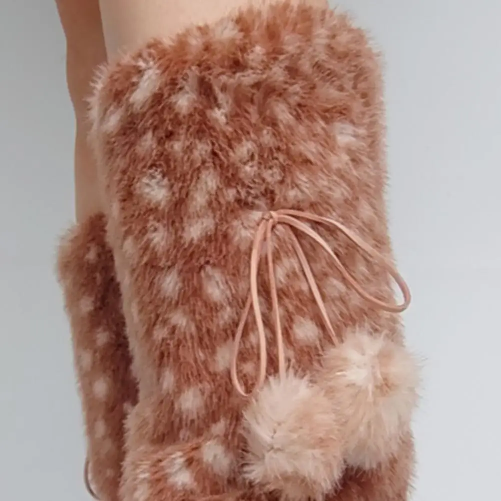 Brown Deer Pattern Artificial Fur Leg Warmers Warm Fur Fluffy Legs Warmth with Bow Tie and Fur Ball, for Women’s