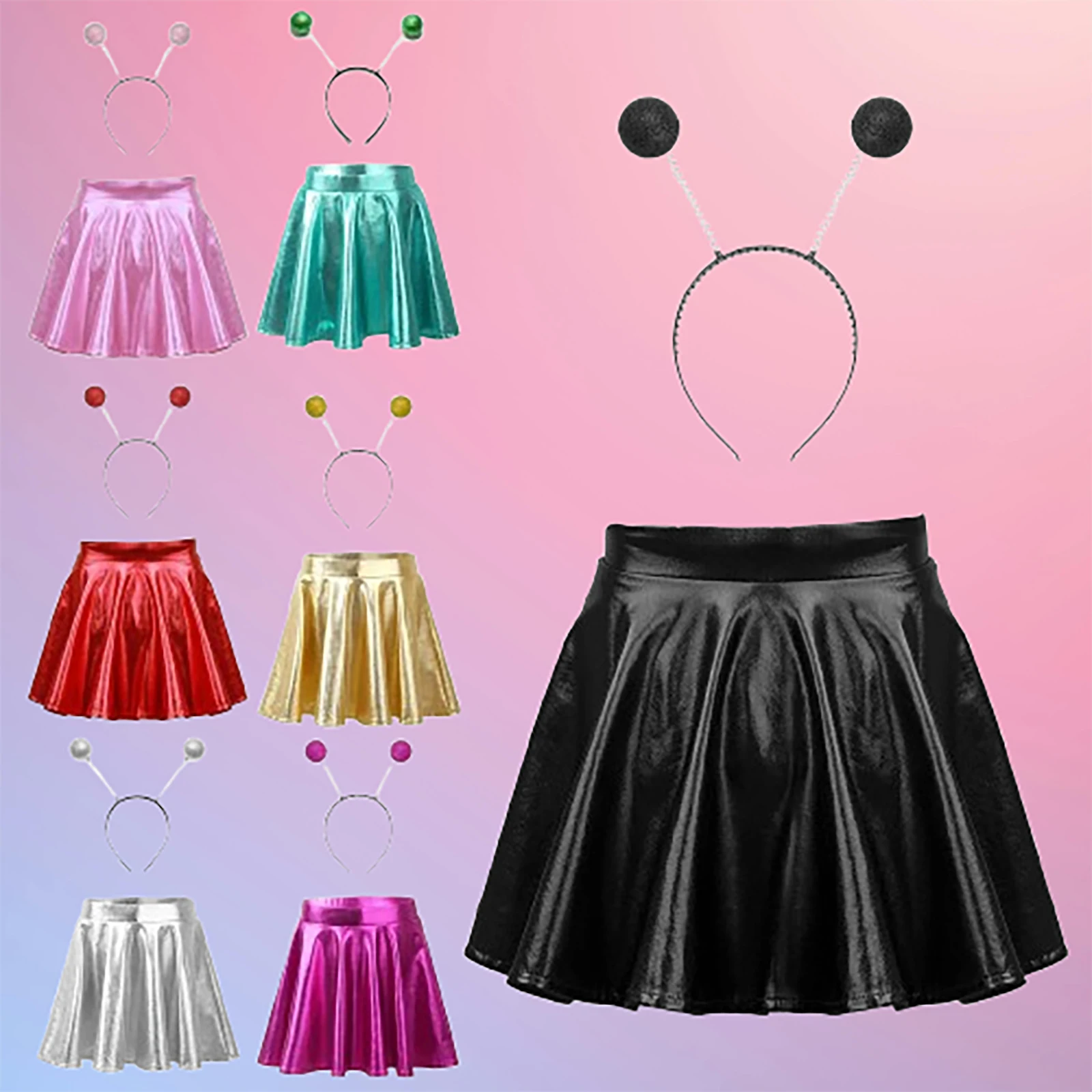Minifalda plisada metálica con aro de pelo de alienígena para niñas, disfraz brillante para juego de rol de astronauta, accesorios para fiesta de Cosplay de Halloween