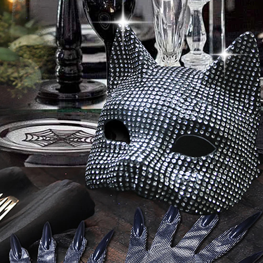 Rhinestone Cat Half Mask Black Lady for Women Blindfold Masquerade Outfit Decoration