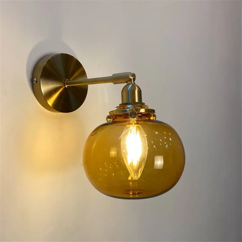 

Nordic Vintage LED Wall Lamp Simplicity in Brass Glass for Bedroom Bedside Aisle Background Wall Mirror Lamp Glass Wall Light