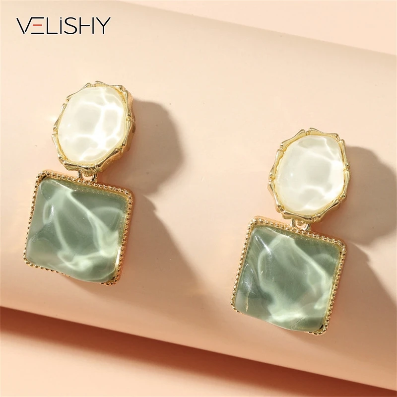 Trendy Colorful Green Stone Resin Square Stud Earrings For Women Light Luxury French Earrings Fashion Jewelry Gifts