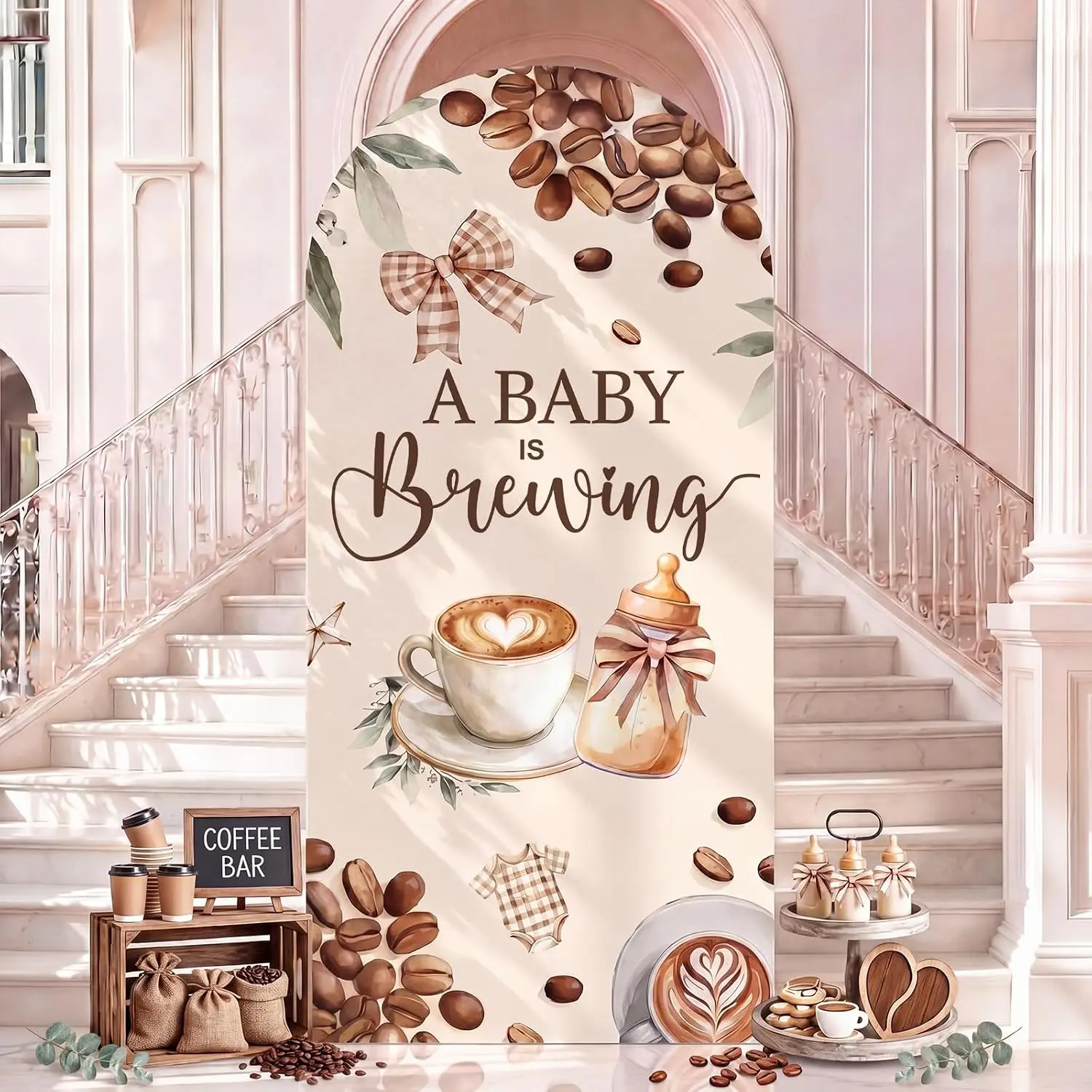 A Baby Brewing Arch Backdrop Cover Brown Coffee Bean Baby Shower Decoration Newborn Boy Girl Gender Reveal Party Background