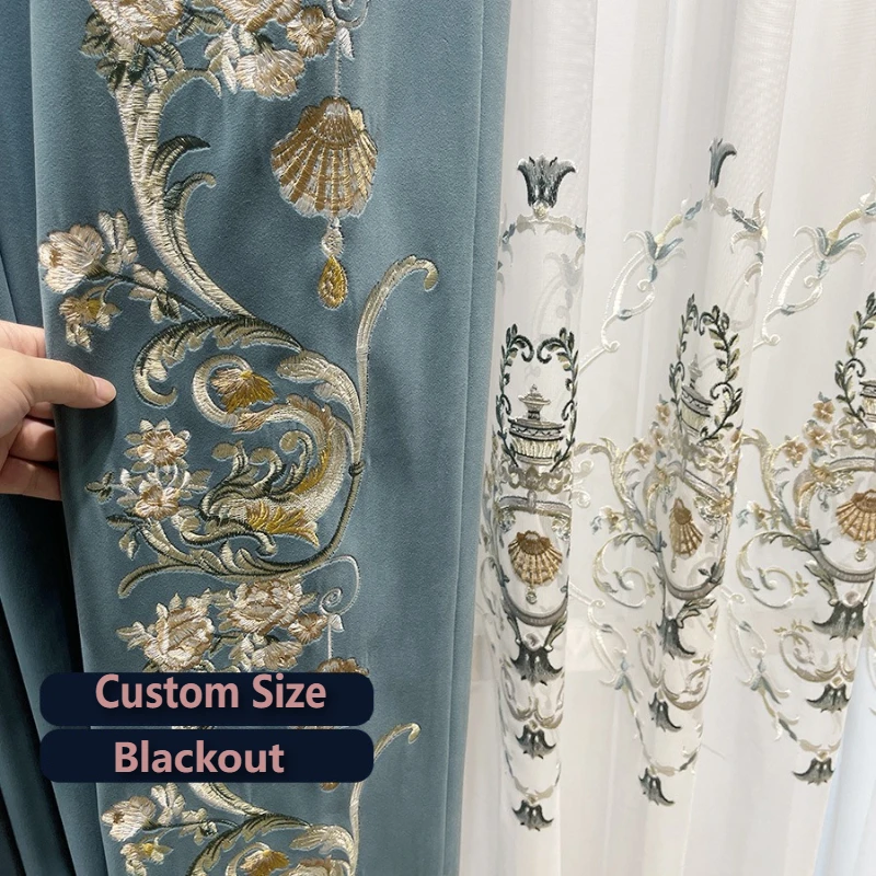 

Custom Size European Haze Blue Splicing and Shading Velvet Cloth Embroidery Sheer Curtains for Living Dining Room Bedroom Door