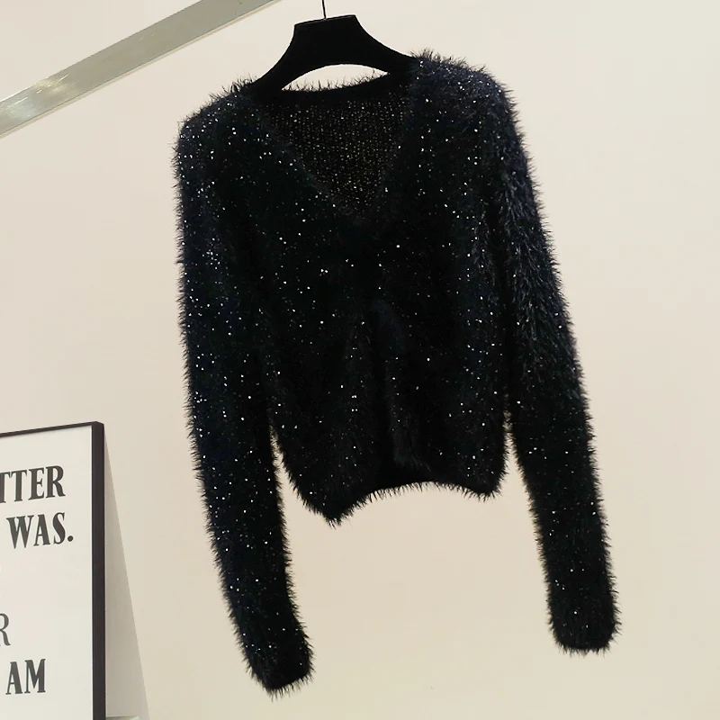 

Faionable Heavyweight iny Decorative Fluffy V-Ne Sweater Design Versatile Ele Top Trendy Crew Ne Knitwear