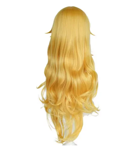 Synthetic 28Inch Long Fluffy Wavy Golden Yellow Anime Cosplay Wig With Bangs For Women Female Halloween Party Costume Princess