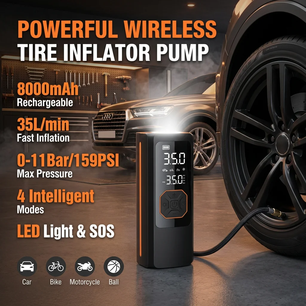 8000mAh Air Pump Car n Motorcycle Tyre Electric Inflator Pump 160PSI Portable Inflator Pump for Car Bicycle Balls Air Compressor