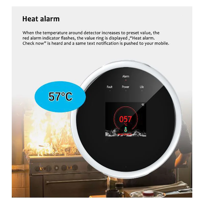 Household Intelligent LPG Detector Tuya Wifi Natural Gas Leak Sensor Kitchen Temperature App Alarm Reminder LCD Clock Display