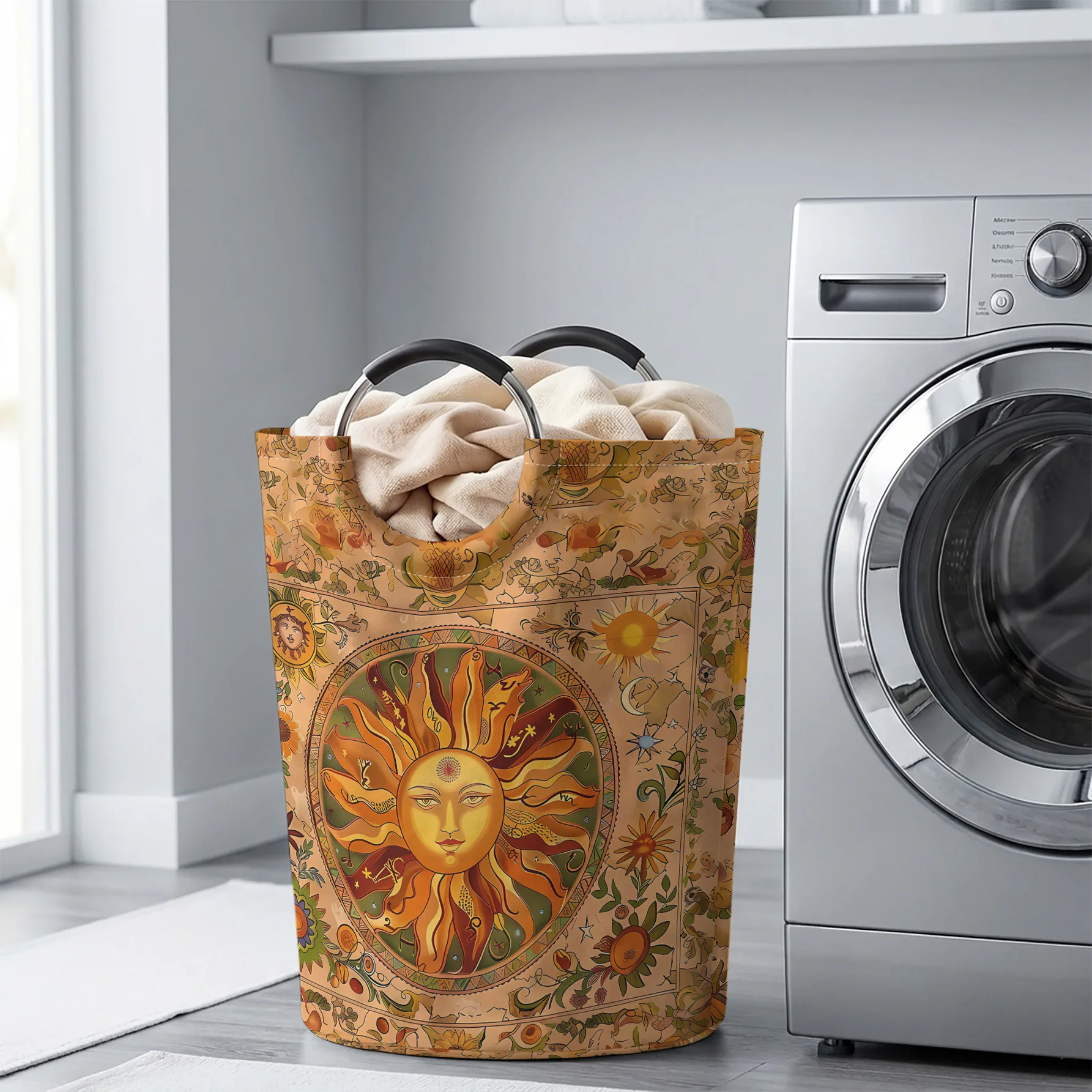 Vintage Boho Sun Face Pattern All Over Print Handheld Storage Basket, For Laundry, Bedroom & Home Sundries Storage