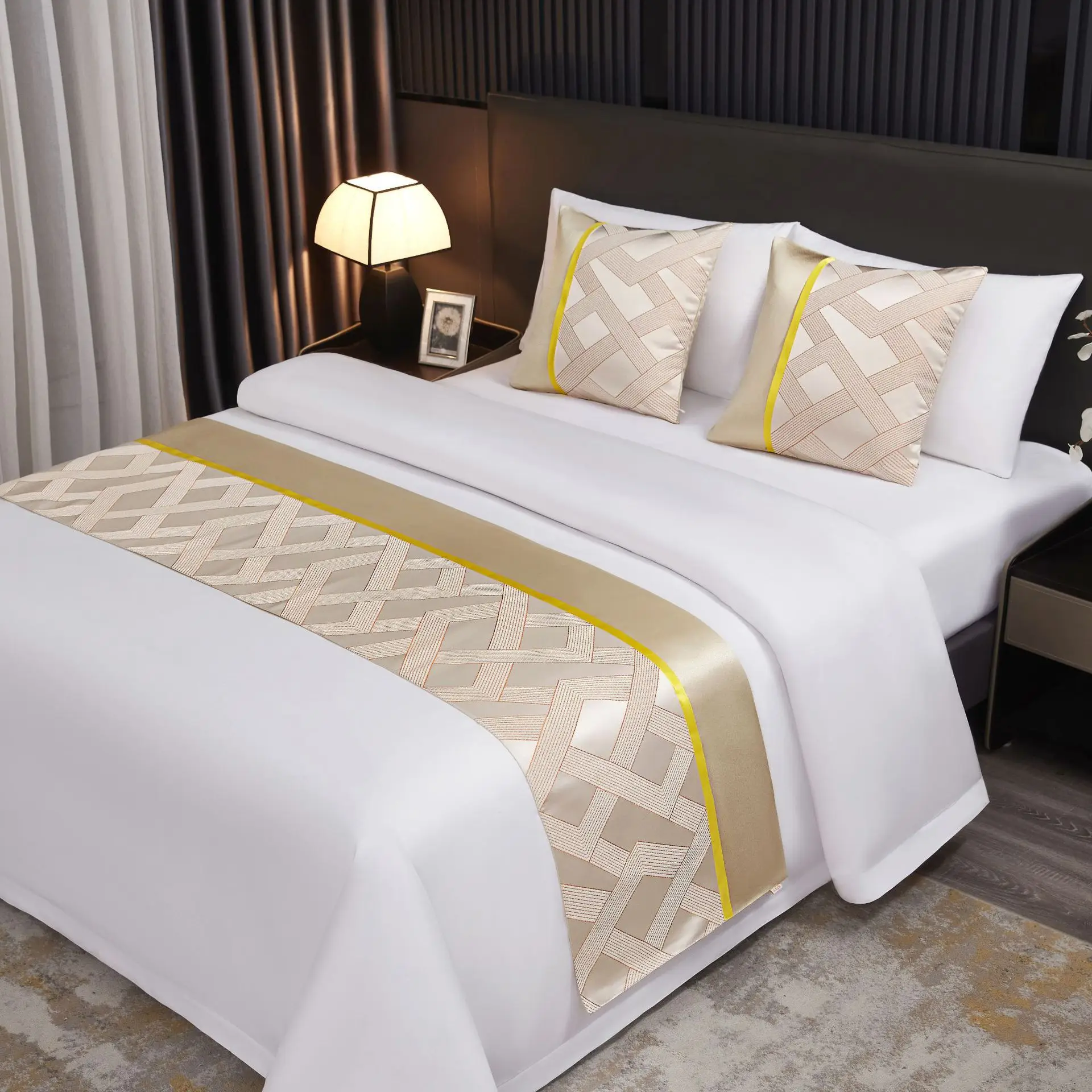 Chinese Style Highend Bedflag Long Strip Color Blocked Bed End Towel Pillowcase Smooth Satin Texture For Home Hotel Decoration