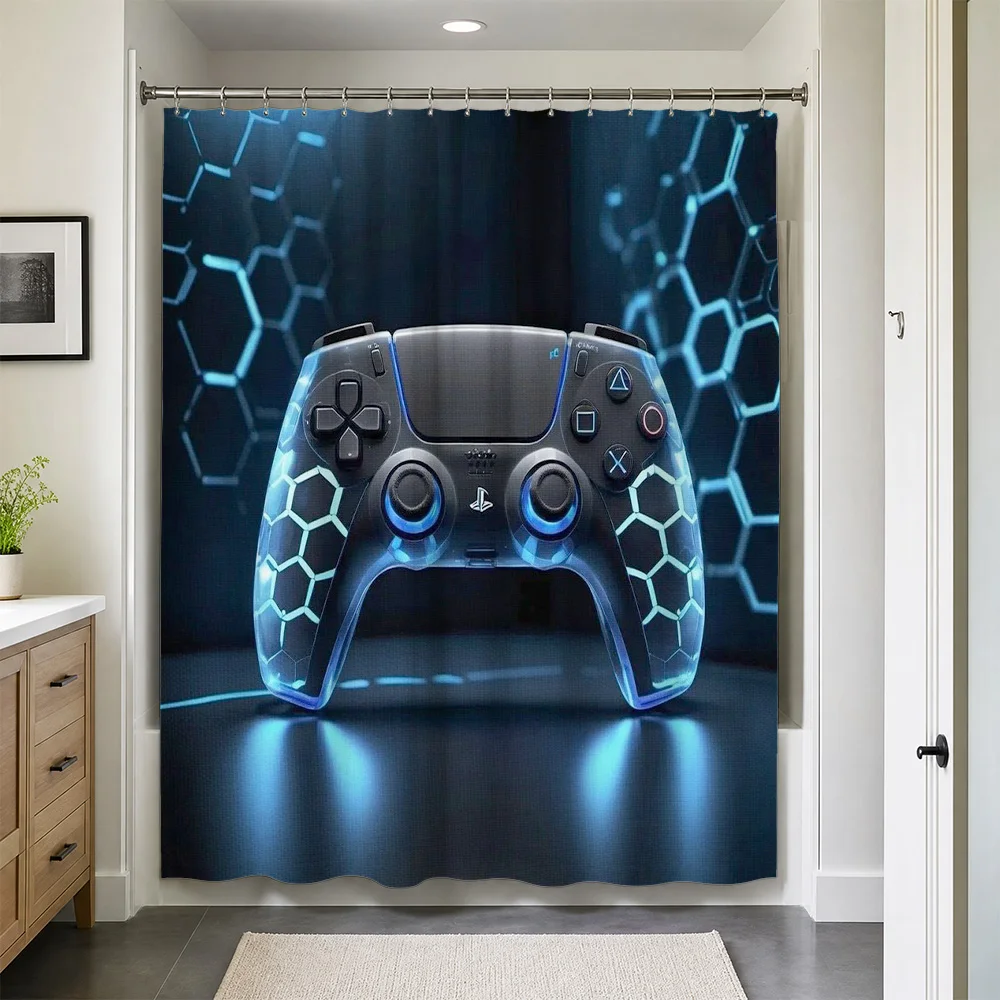 Gaming Controller Shower Curtain Waterproof Bathroom Decor Blue Neon Tech Gamer Shower Curtain Curtain
