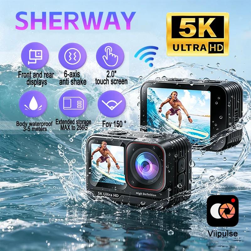 5K Action Camera 4K30fps 2.0'' Touchscreen Recording Cam Body Waterproof 6 Axis EIS Sport Camera Motorcycle Bicycle Helmet