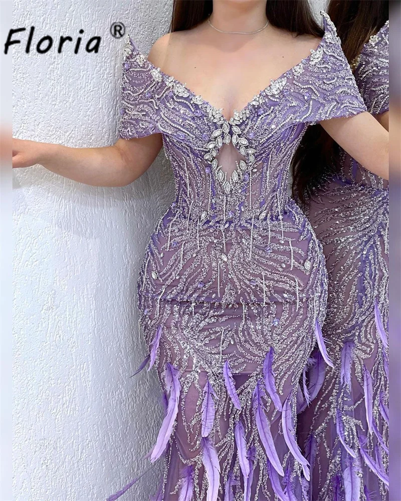 Luxury Purple Off Shoulder Feather Beadings Wedding Dresses Sequin Crystal Tassel Mermaid Formal Occasion Gown Robe de soiree