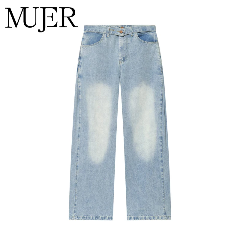 

MUJER Blue Belt Baggy Jeans Woman Mid Waist Denim Pants for Women Summer Boyfriend Jeans Women Streetwear Wide Leg Women's Jeans