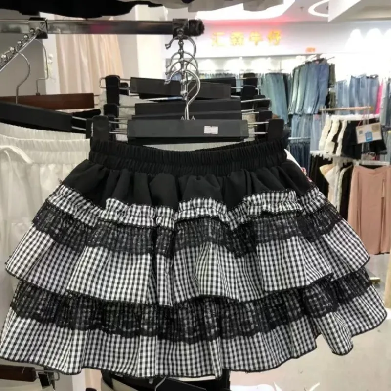 Sommer Mini Rock Frauen Kleidung Süße Jupe Patchwork Spitze A-linie Saia 2025, Faldas Mujer De Moda Hohe Taille Plaid Nette röcke