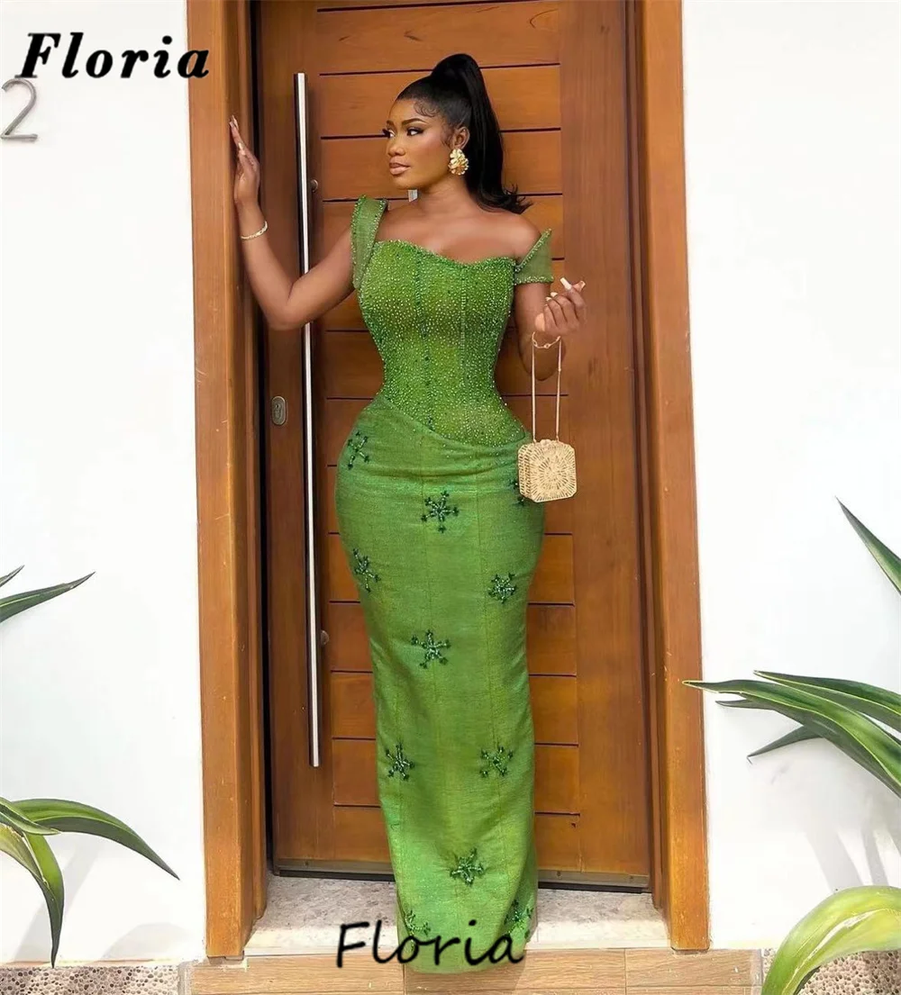 New Elegant Green Straight Evening Dresses Off Shoulder 2024 Arabic Dubai Beaded Crystals Prom Dress Robes De Soiree Party Gowns