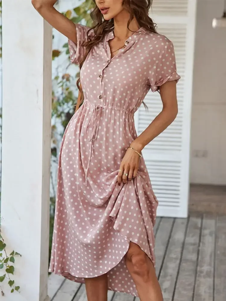 

Ladies Polka Dot Print Shirt Dress Women Casual Midi Holiday Summer Dress Female Loose Women Beach Dress Sundress Robe Vestidos