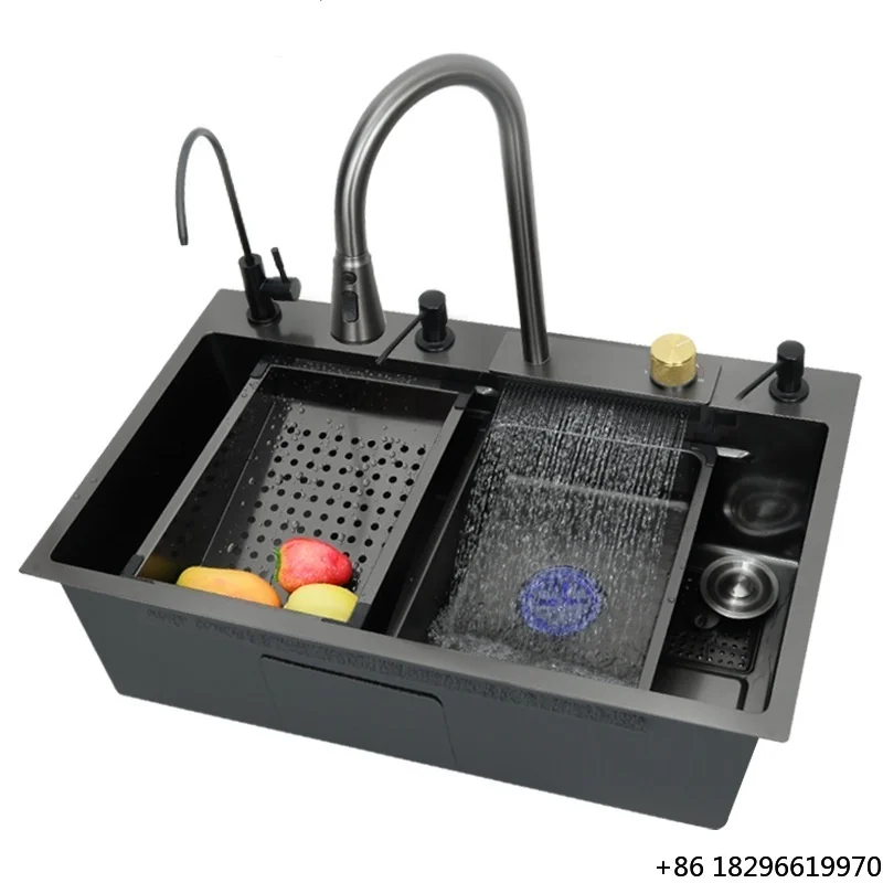 NEW Style Waterfall Kitchen Sink 304 Stainless Steel Sink Digital Display Large Single Slot Sink With Waterfall Faucet