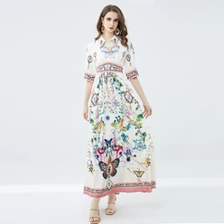 Banulin Fashion Runway Summer Dress Women Lapel Collar Beading Short Sleeve Flower Printed High Waist Long Vacation Dress N603