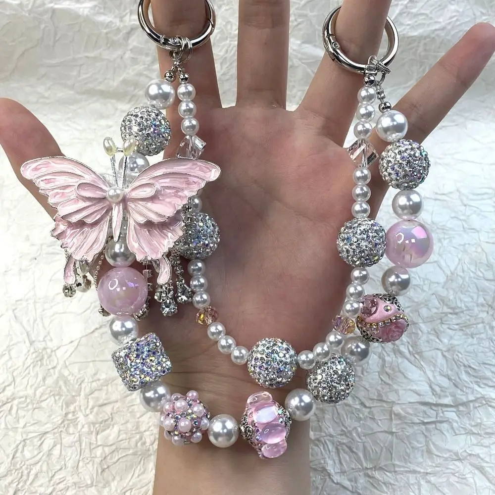 

Блестящая цепочка для телефона со стразами, двухслойная жемчужная бабочка, брелок для ключей с анти-потерянной кисточкой, ремешок для мобильного телефона из бисера