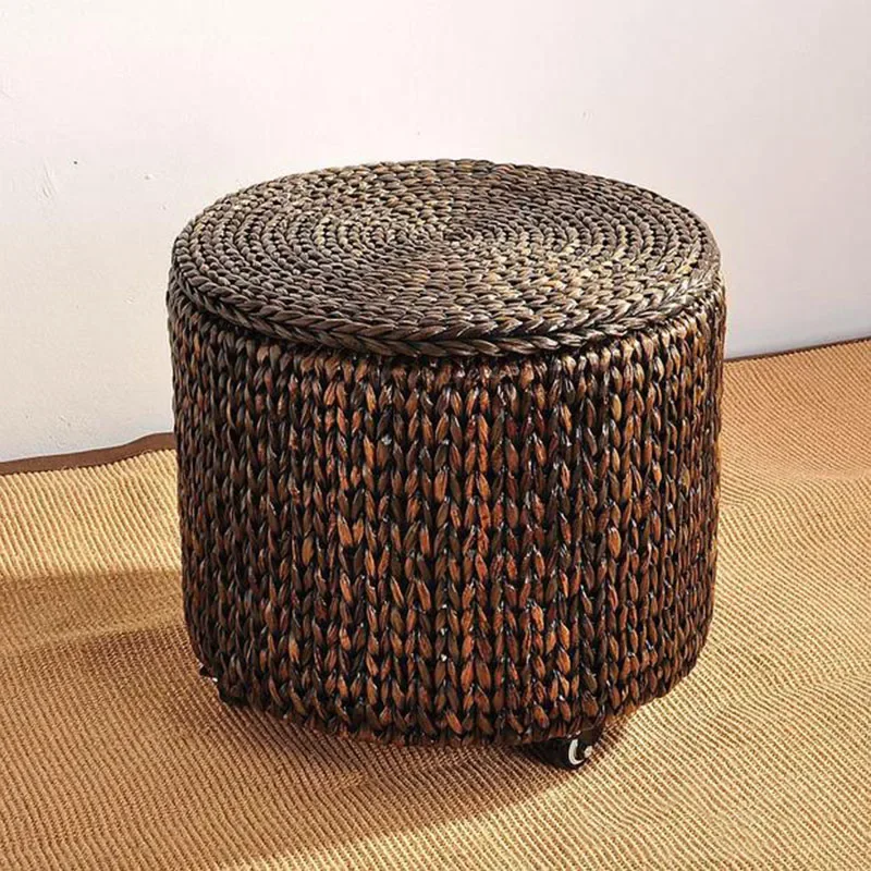 Living Room Furniture Retro Mobile Roller Skating Round Stool Manual Rattan Woven Small Stool Storage Box with Cover Footrest image 5